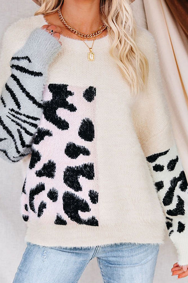 Color Contrasting Leopard Print Sweater