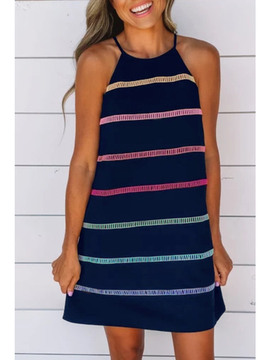 Halter Neck Sleeveless Striped Mini Dress