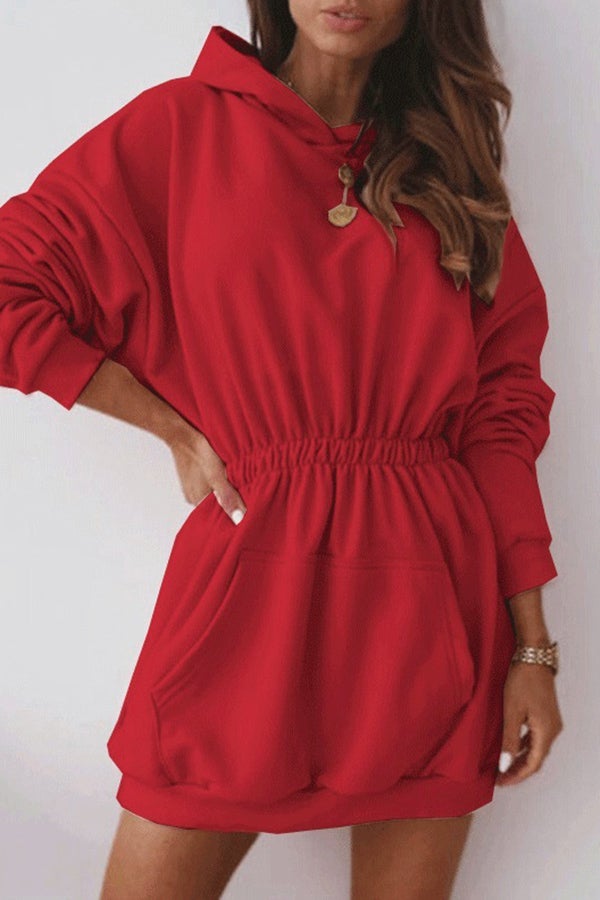 Waist Long Sleeve Fleece Hooded Sweatshirt Dress