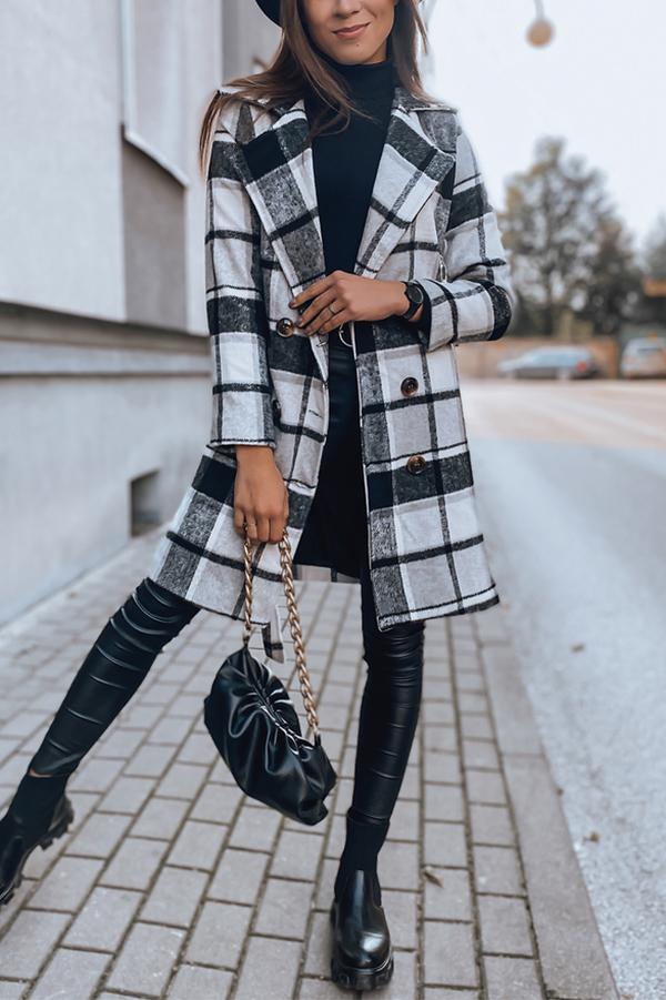 Double Row Button Checked Wool Coat