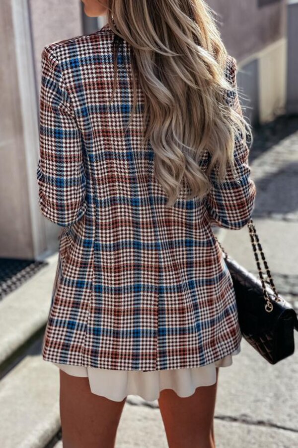 Casual Plaid Wide Collar Button Blazer