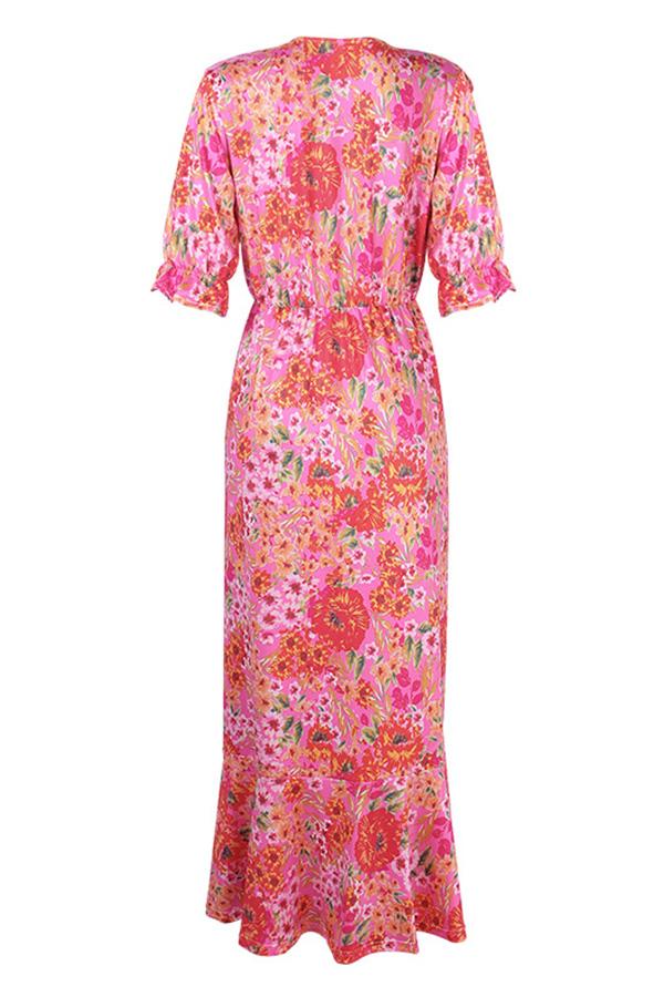 Printed V-neck Waistband Slit Calf-Length Dress