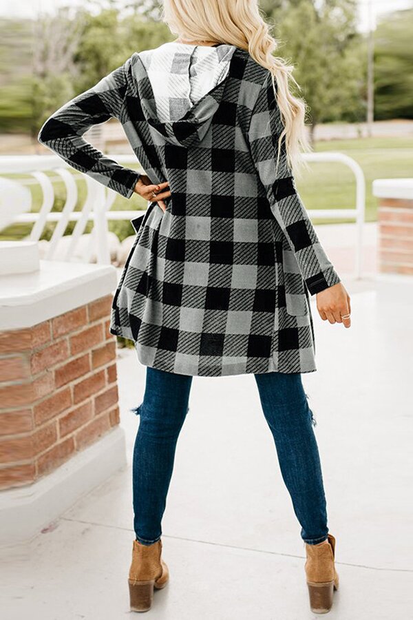 Hooded Plaid Long Sleeve Button Down Pocket Coat