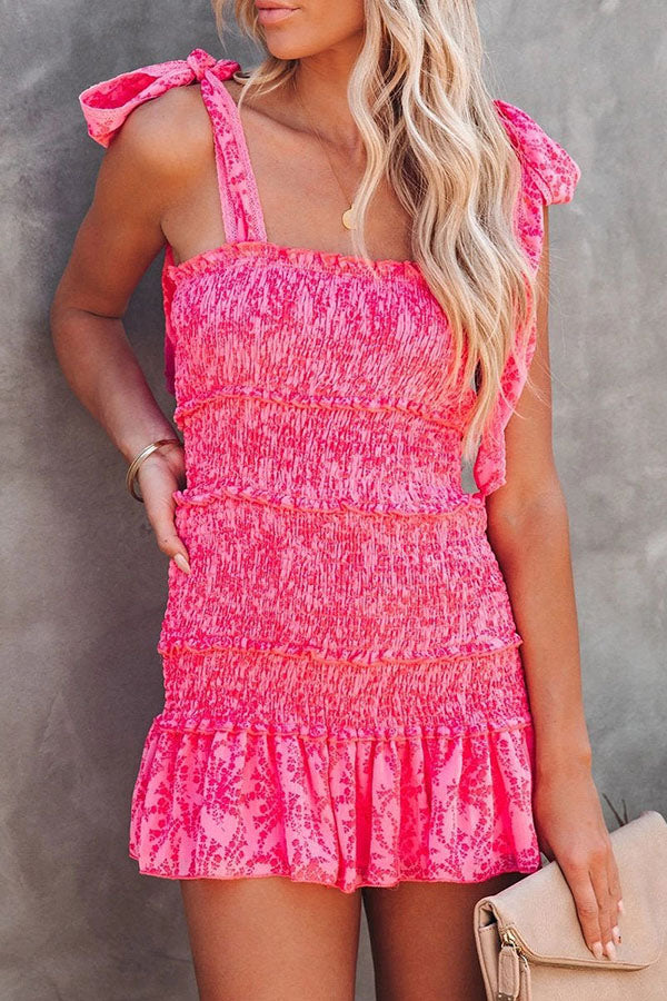 Straps Print Smocked Ruffle Mini Dress