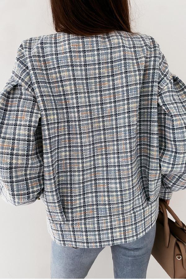 Round Neck Plaid Wool Short Coat