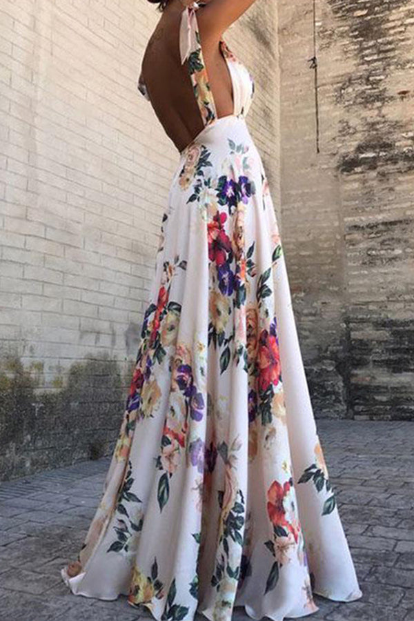 Leaky back print large swing sleeveless drawstring dress