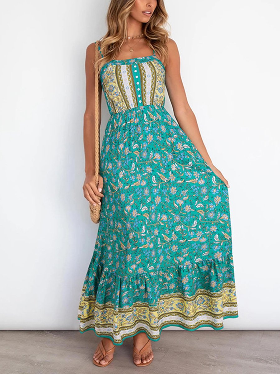 Straps U-neck Floral Print Maxi Dress