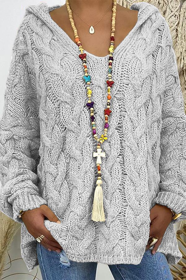 V-neck Hooded Loose Pullover Sweater