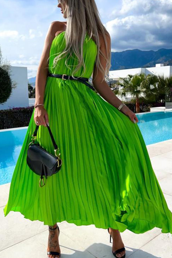 New Pleated Suspender Sweet Waist Closing Bohemian Long Dress