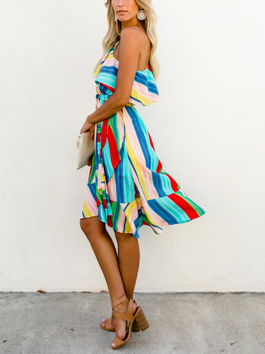 Boho Rainbow Color One-shoulder Dress