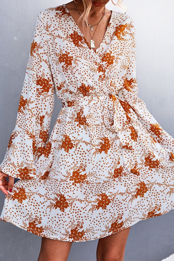 V-Neck Cross Flare Sleeves Printed Lace-Up Mini Dress