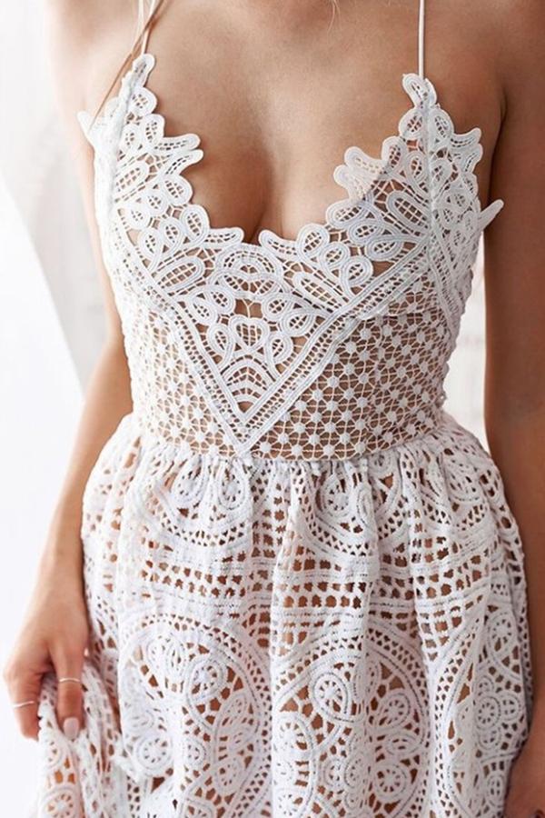 Fashion V-Neck Solid Color Lace Mini Dress