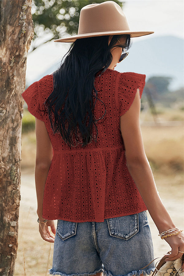 V-neck Lotus Leaf Sleeve Hollow Loose Women's Top