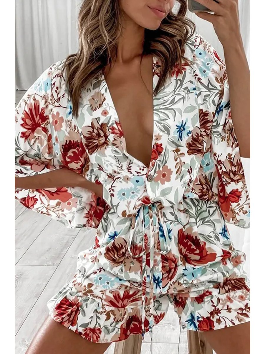 V-neck Printed High-waist Lace-up Romper