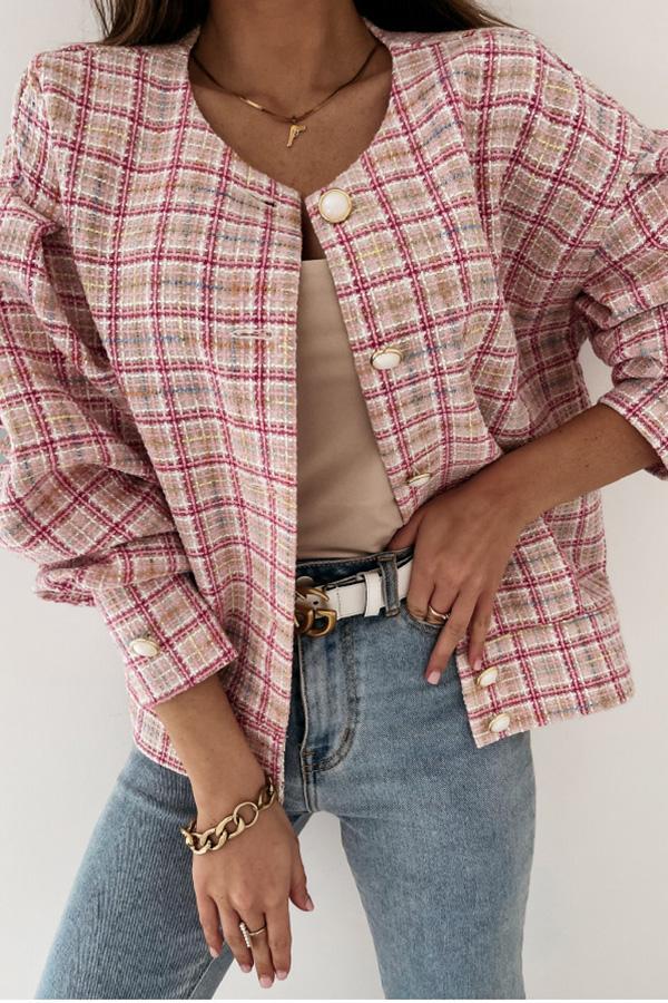 Round Neck Plaid Wool Short Coat
