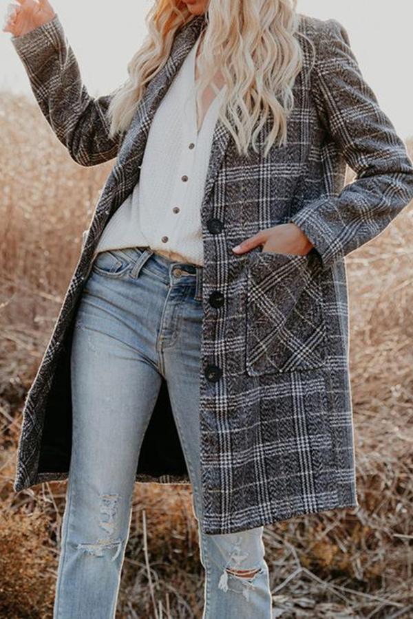 Plaid Lapel Long Sleeve Pocket Midi Boucle Coat