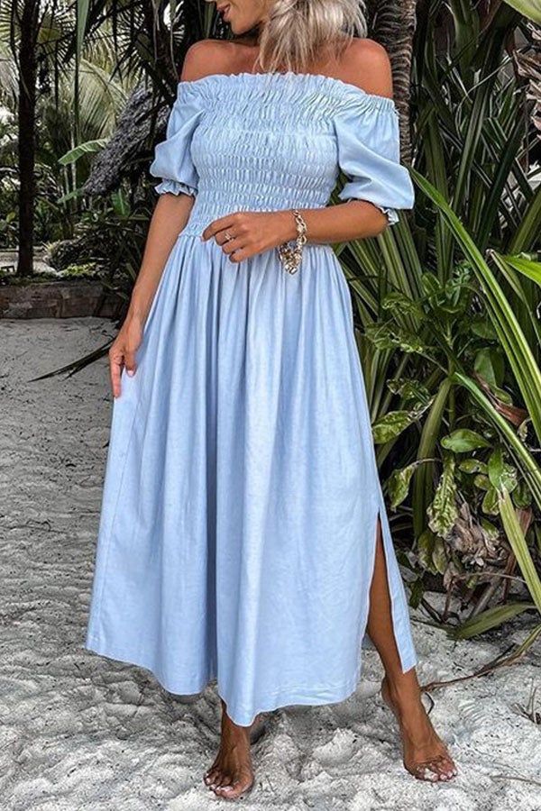 Forever After All Smocked Off Shoulder Slit Dress