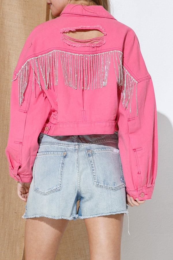 Ripped Rhinestone Fringed Denim Jacket