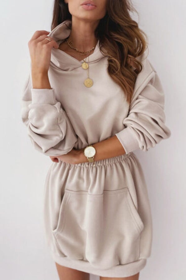 Waist Long Sleeve Fleece Hooded Sweatshirt Dress