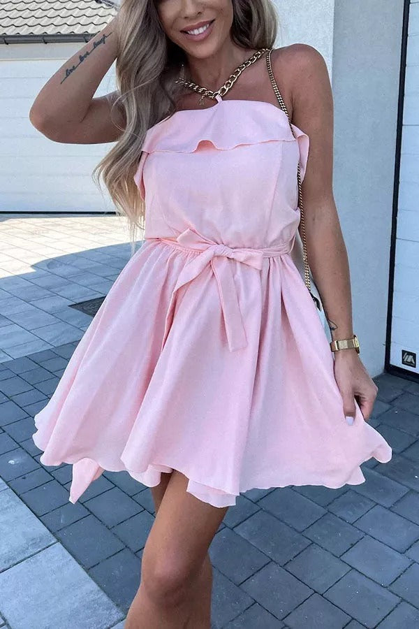 Stay Beautiful Chain Neck Ruffle High Low Dress