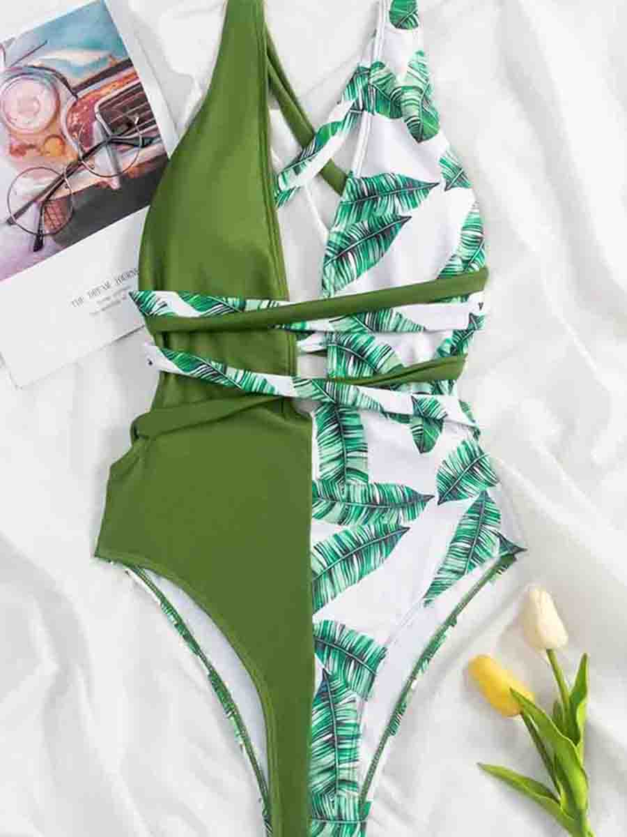 Floral Print Patchwork Green One-piece Swimsuit