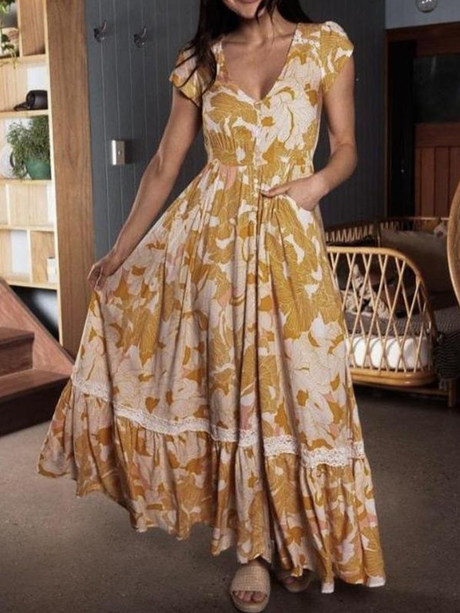 V-neck Button Front Pockets Maxi Dress