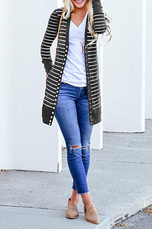 Striped Buttoned Mid-length Cardigan (6 Colors)