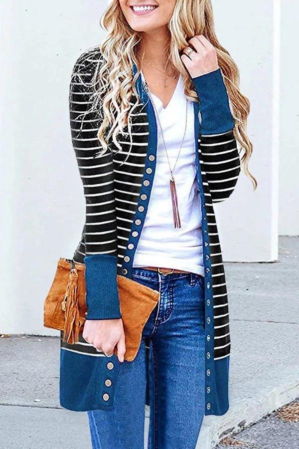 Striped Buttoned Mid-length Cardigan (6 Colors)