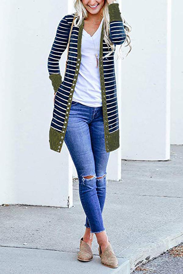Striped Buttoned Mid-length Cardigan (6 Colors)