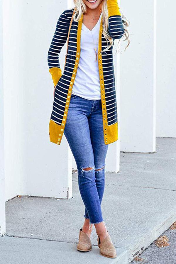 Striped Buttoned Mid-length Cardigan (6 Colors)