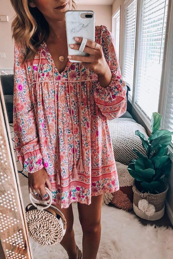 Long Sleeve Tasseled Floral Mini Dress (4 Colors)