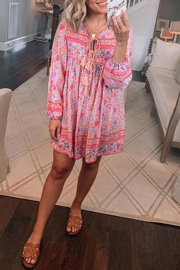 Long Sleeve Tasseled Floral Mini Dress (4 Colors)