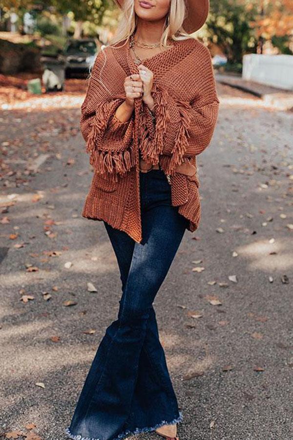 Stylish Solid Color Baggy Tassels Cardigan