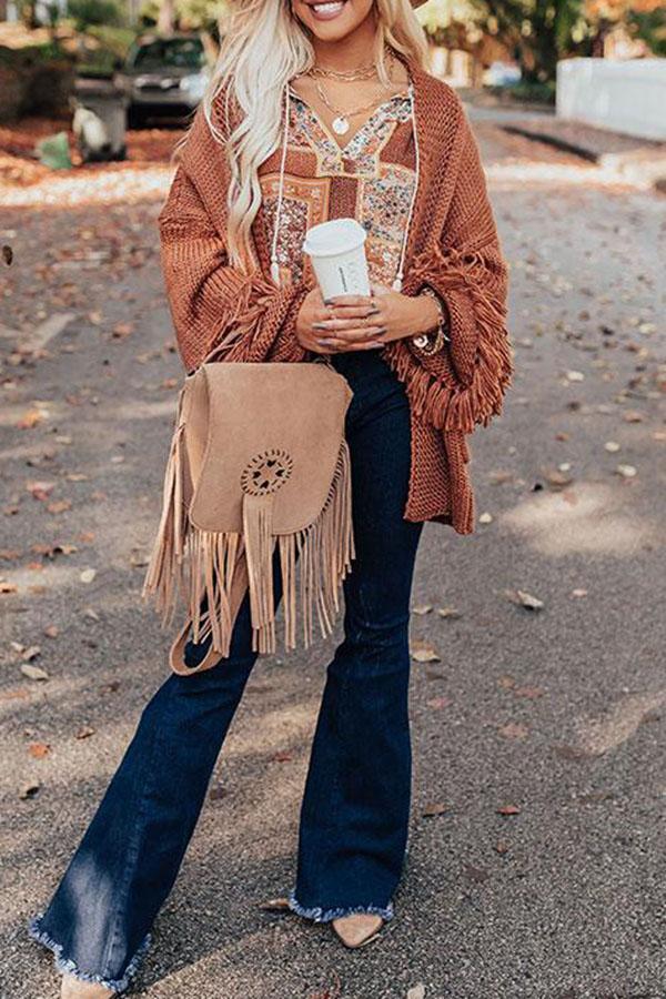 Stylish Solid Color Baggy Tassels Cardigan
