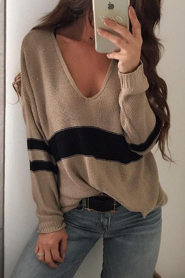 V-neck Striped Color Block Sweater