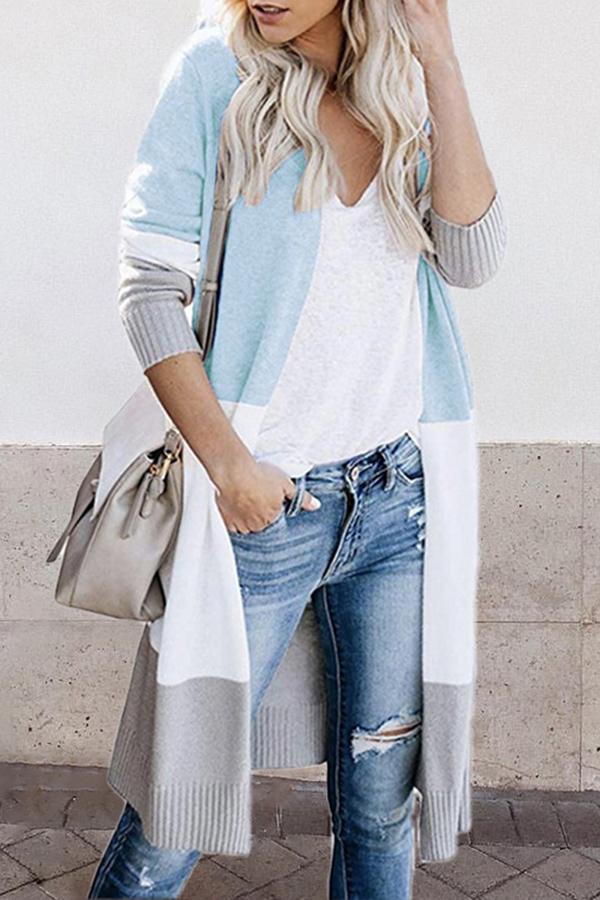 Three-color Striped Stitching Long Cardigan (4 Colors)