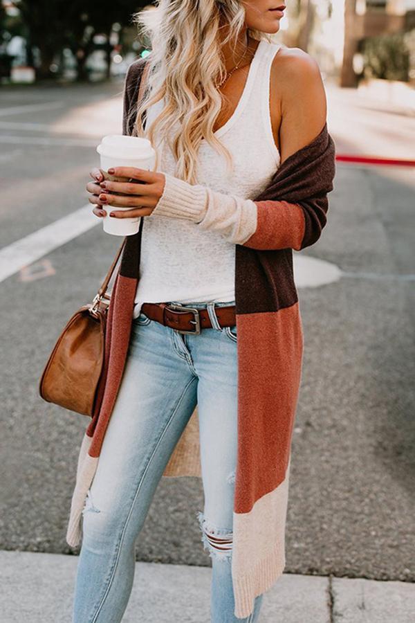 Three-color Striped Stitching Long Cardigan (4 Colors)