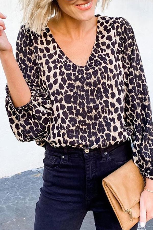 Lantern Sleeve Leopard Print Shirt
