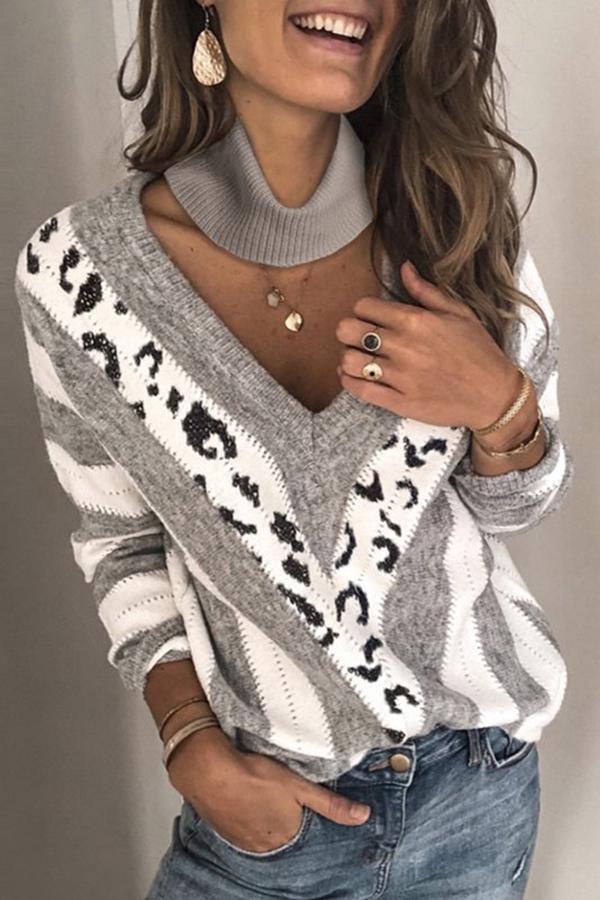 Patchwork High Neck Cut Out Sweater