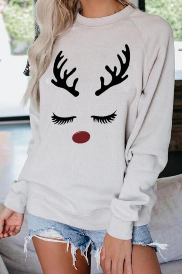 Elk Print Round Collar Sweatshirt