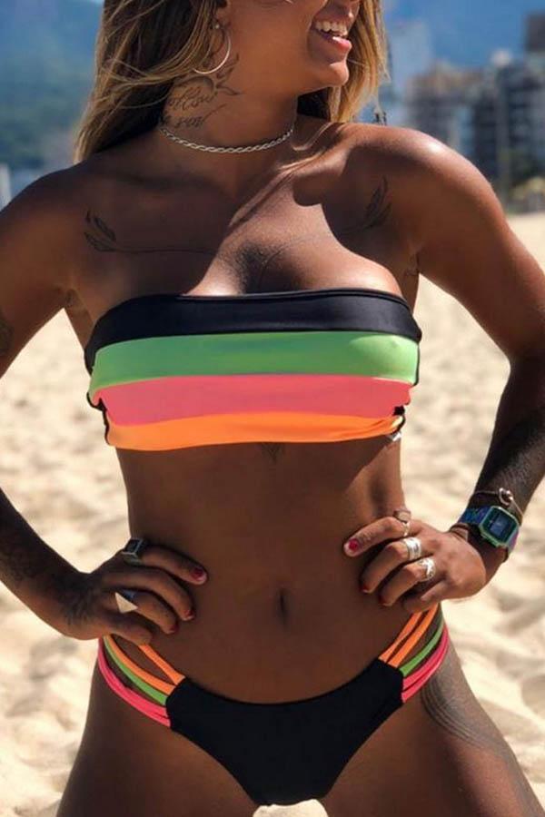 Bandeau Rainbow Striped Bikini Set (2 Colors)