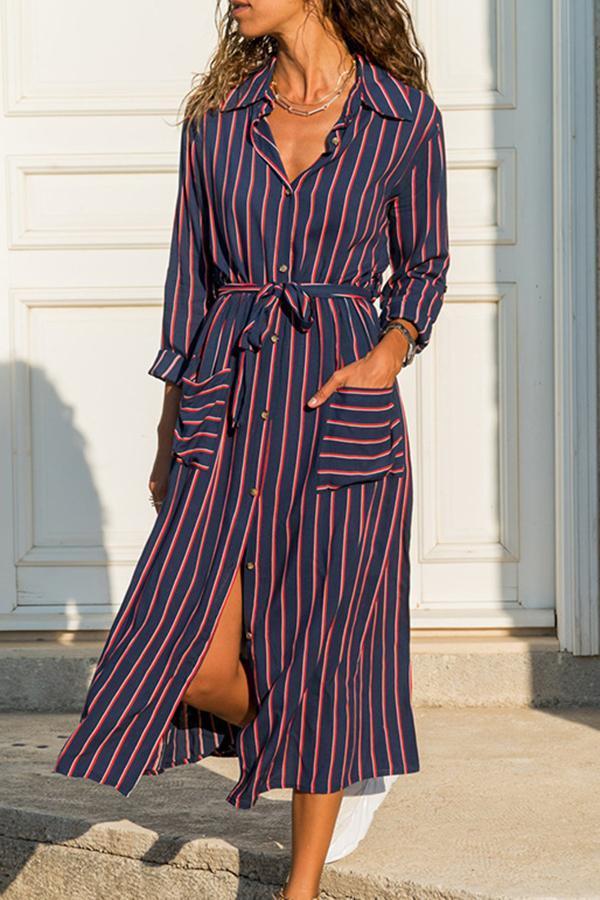 Casual Shirt Collar Printed Maxi Dress (5 Colors)