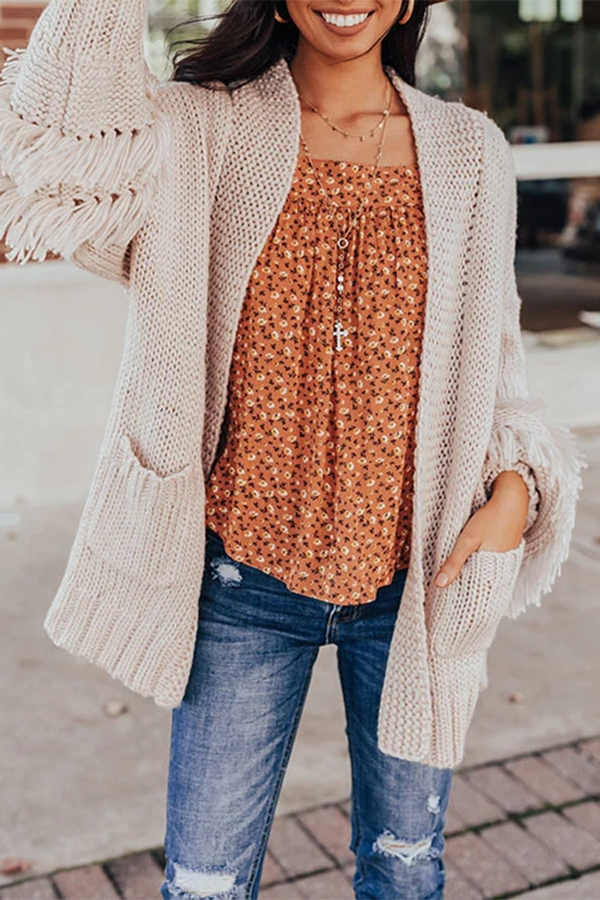 Stylish Solid Color Baggy Tassels Cardigan