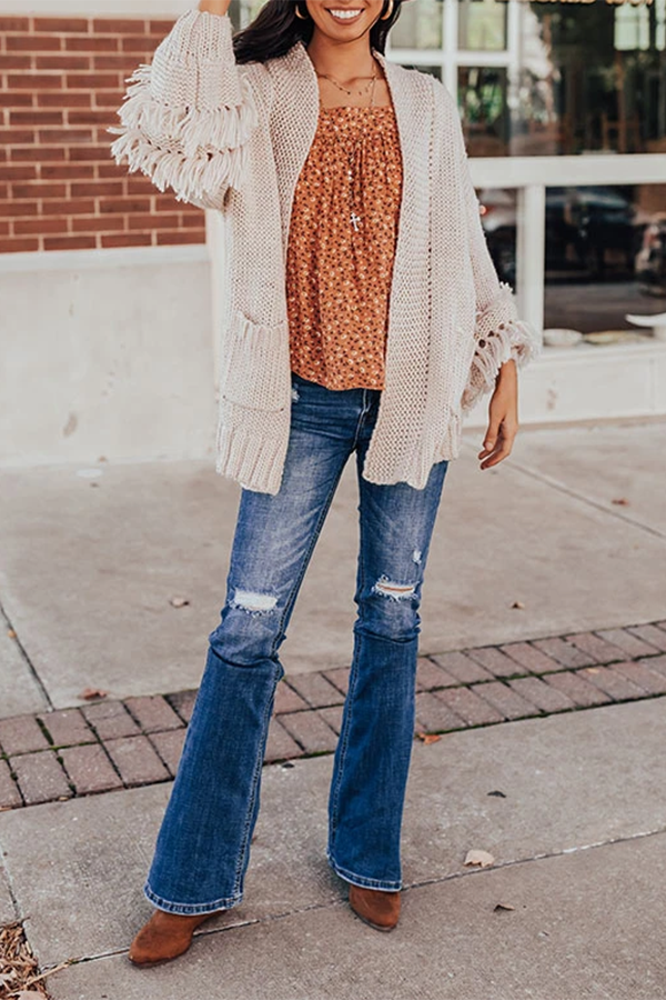Stylish Solid Color Baggy Tassels Cardigan