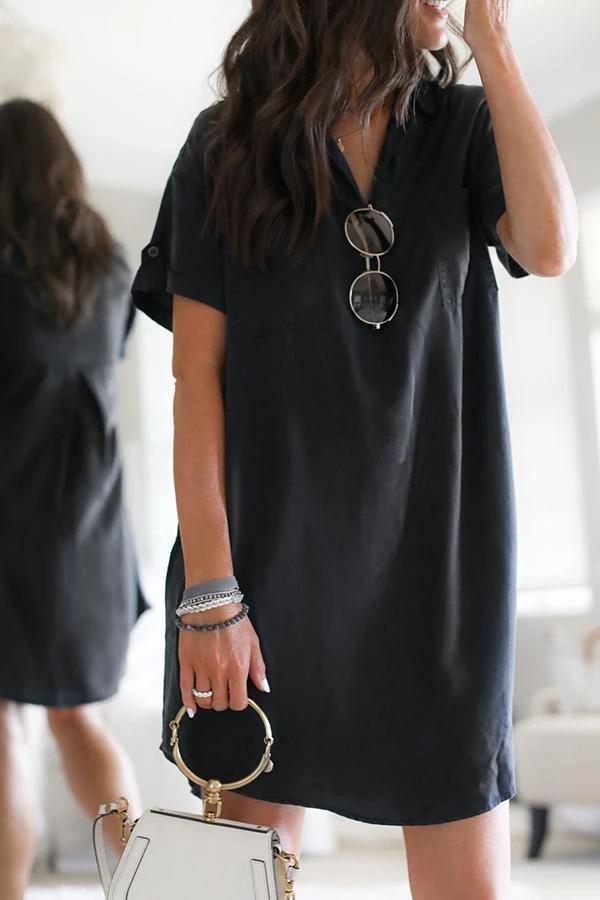 Short Sleeve Solid Color Shirt Collar Mini Dress