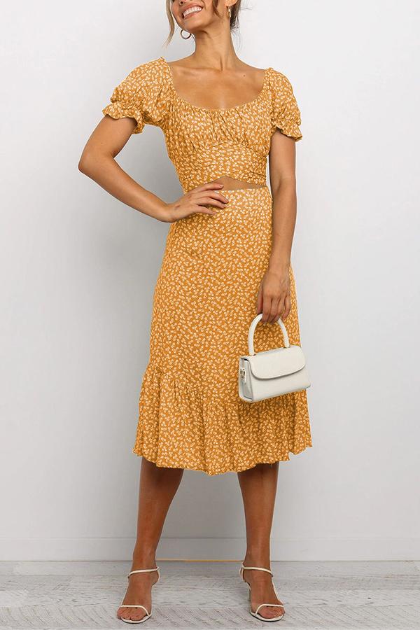 Floral Print Square Neck Puff Sleeve Dress Set
