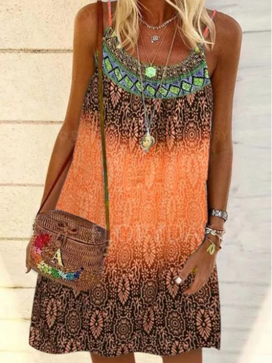 Casual Boho Print U-neck Sleeveless Beach Dress