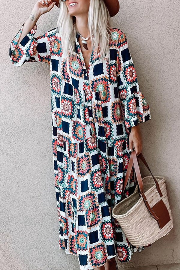 Summer V-neck Flared Sleeve Print Long Dress
