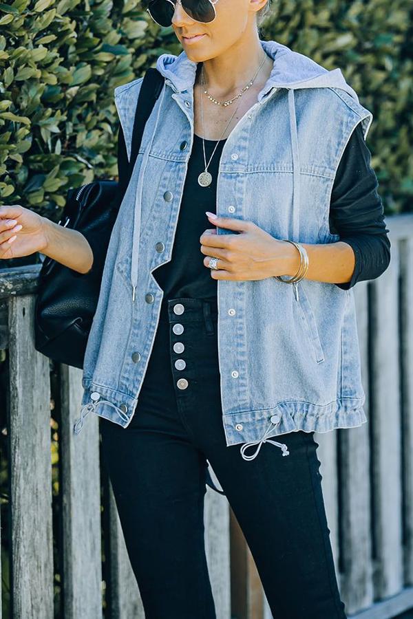 Pocketed Hooded Denim Vest