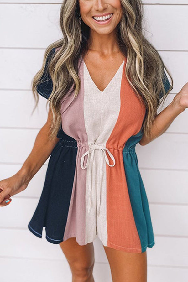 Linen Color Block Casual Romper